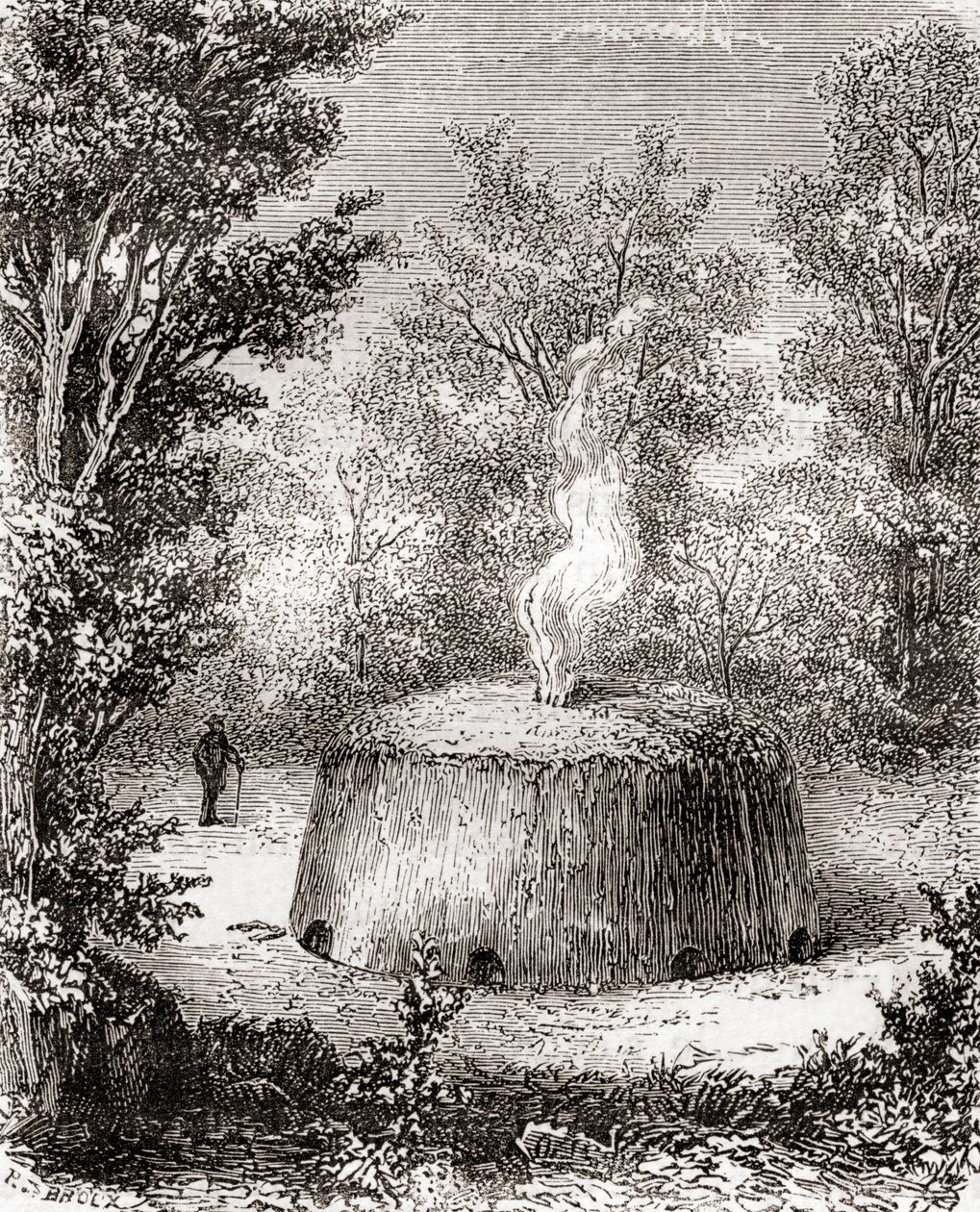 A charcoal kiln in the forest, after a 19th century drawing, from Les Merveilles de la Science, published c.1870 by French School