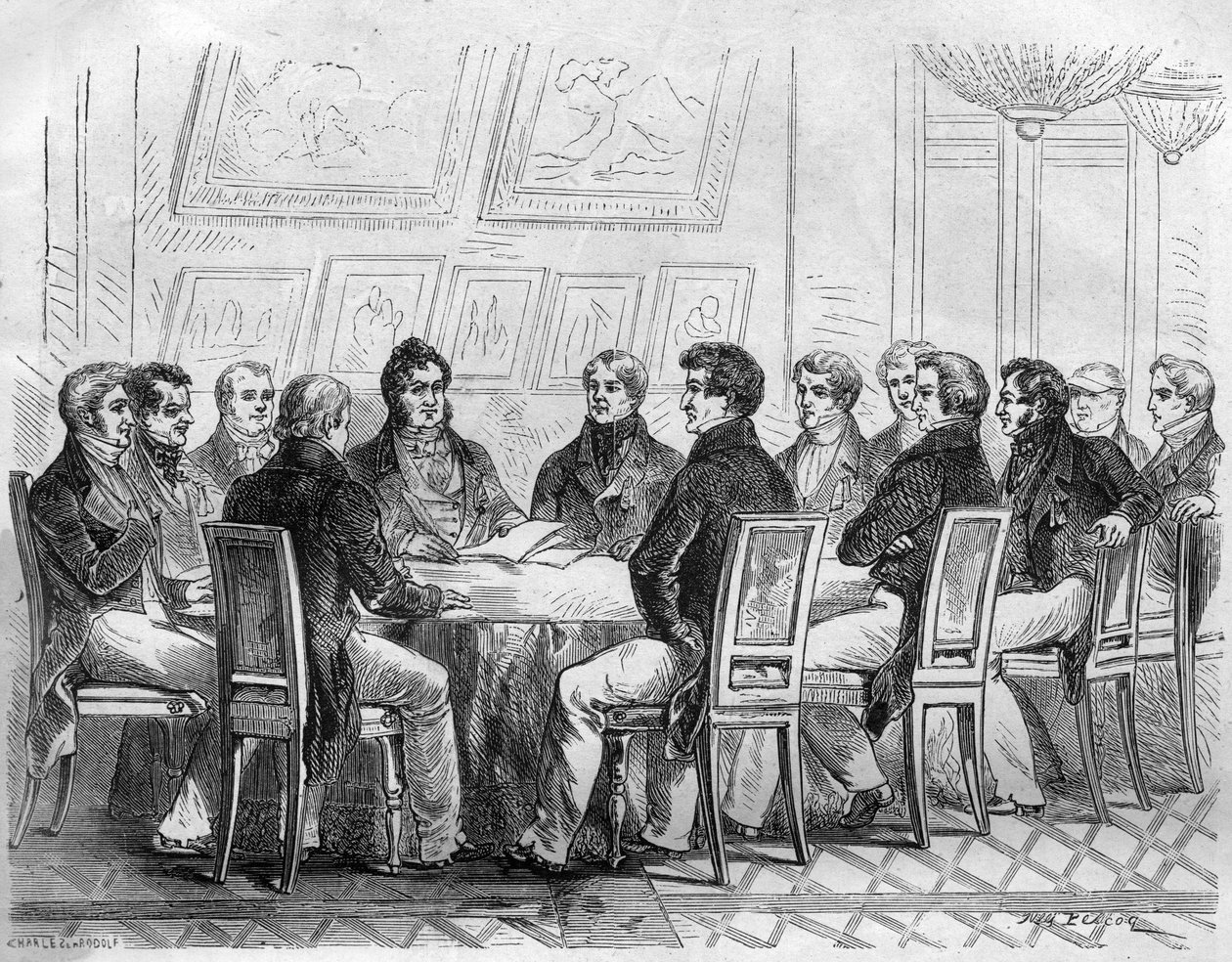 A conciliable of deputies of the bourgeoisie at the Palais Royal in Paris under Charles X and the Restoration. Engraving in “Histoire des Papes-Rois-Queen and Empereurs a travers les centuries” by Maurice Lachatre by French School