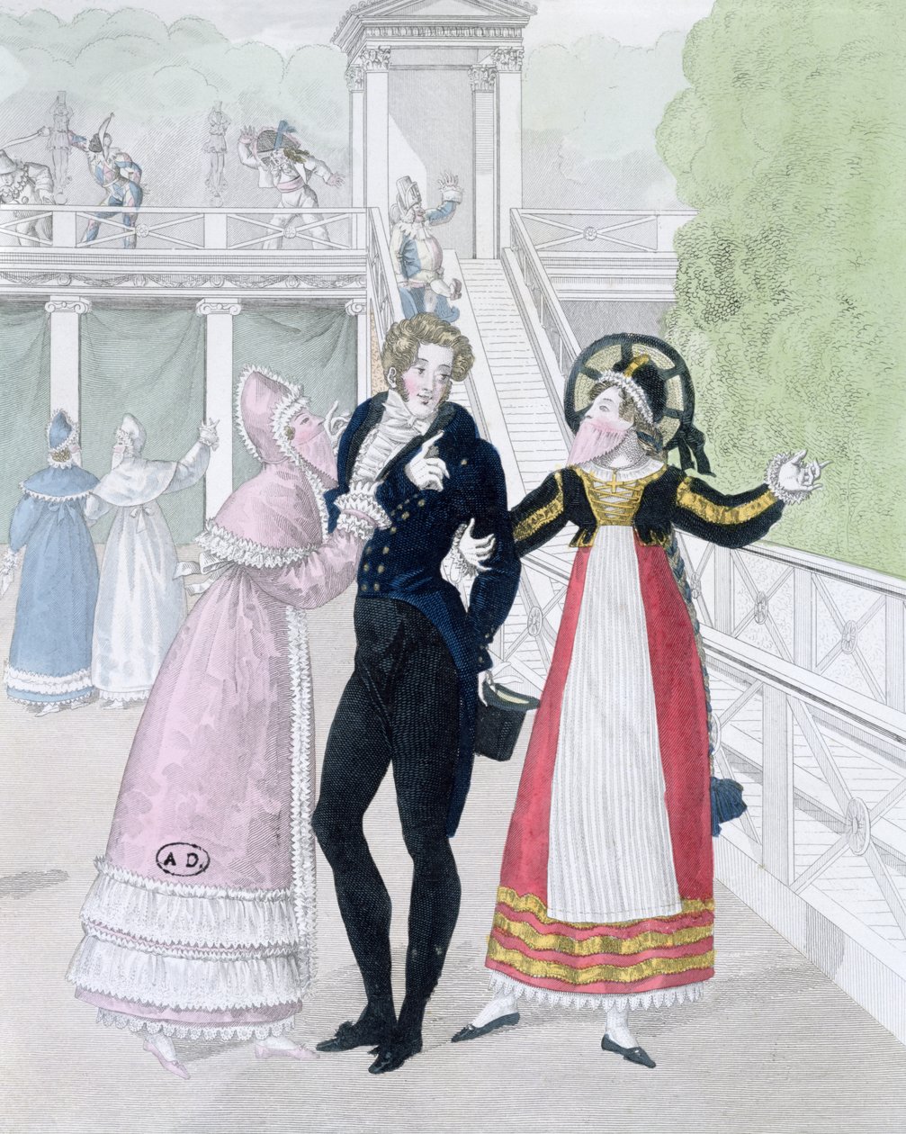A dandy being courted by two masked women from the series Le Bon Genre by French School