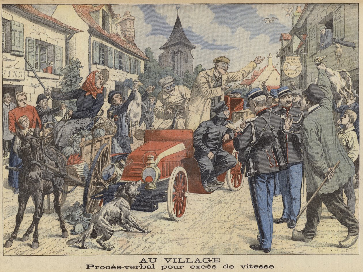 A Driver Stopped by the Police for Speeding as They Travel Through a Village by French School