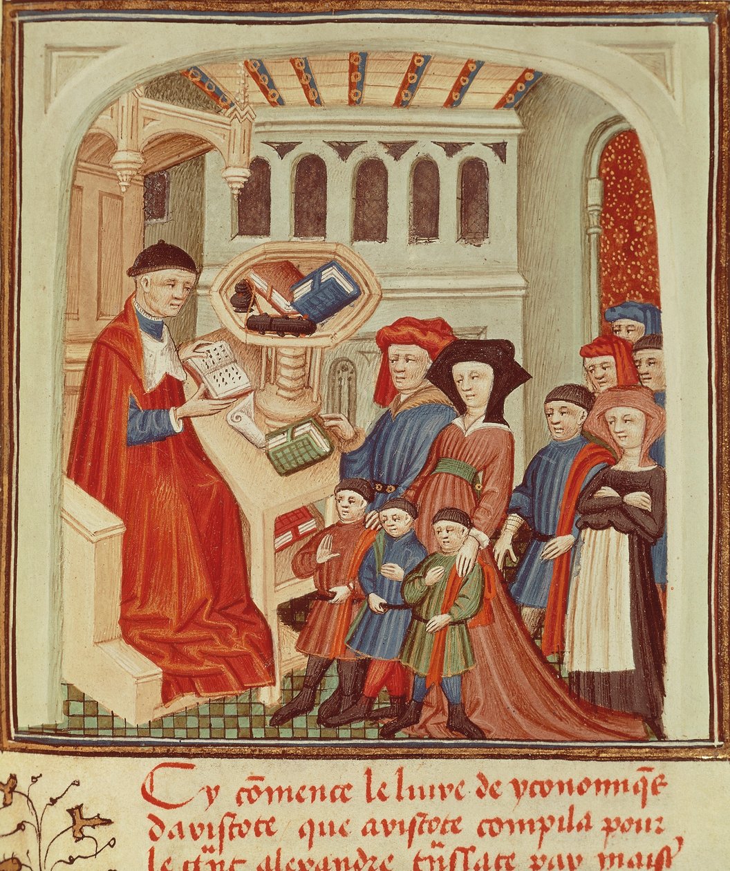 A Family in Front of a Financier, Miniature from Ethics, Politics, the Economy by Aristotle, France by French School