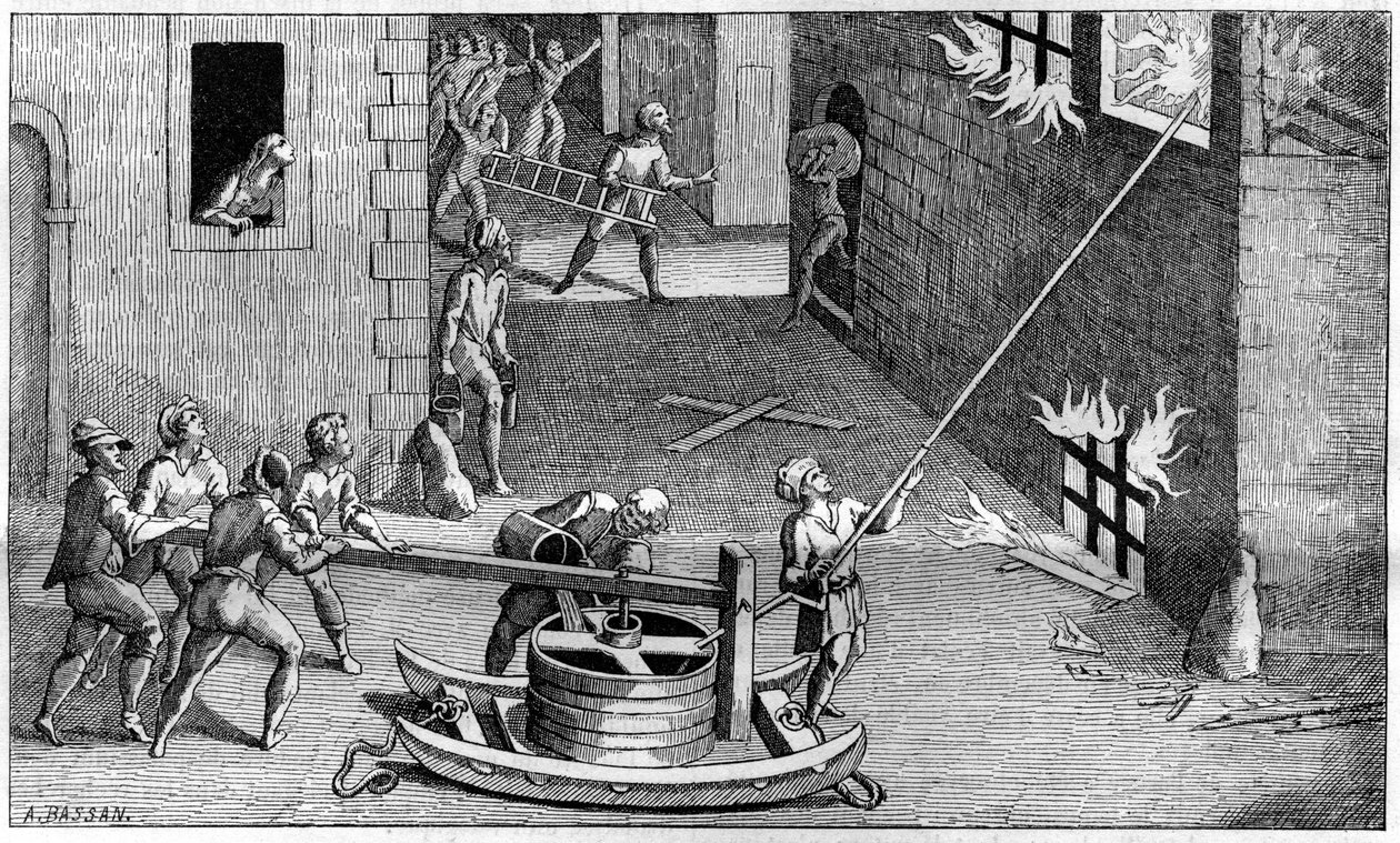 A fire pump at the beginning of the 17th century, after Solomon de Caux (Solomon de Caus) by French School