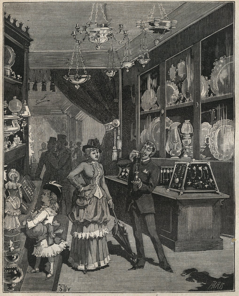 A gold shop in France in the 19th century. Engraving from 1885 in 