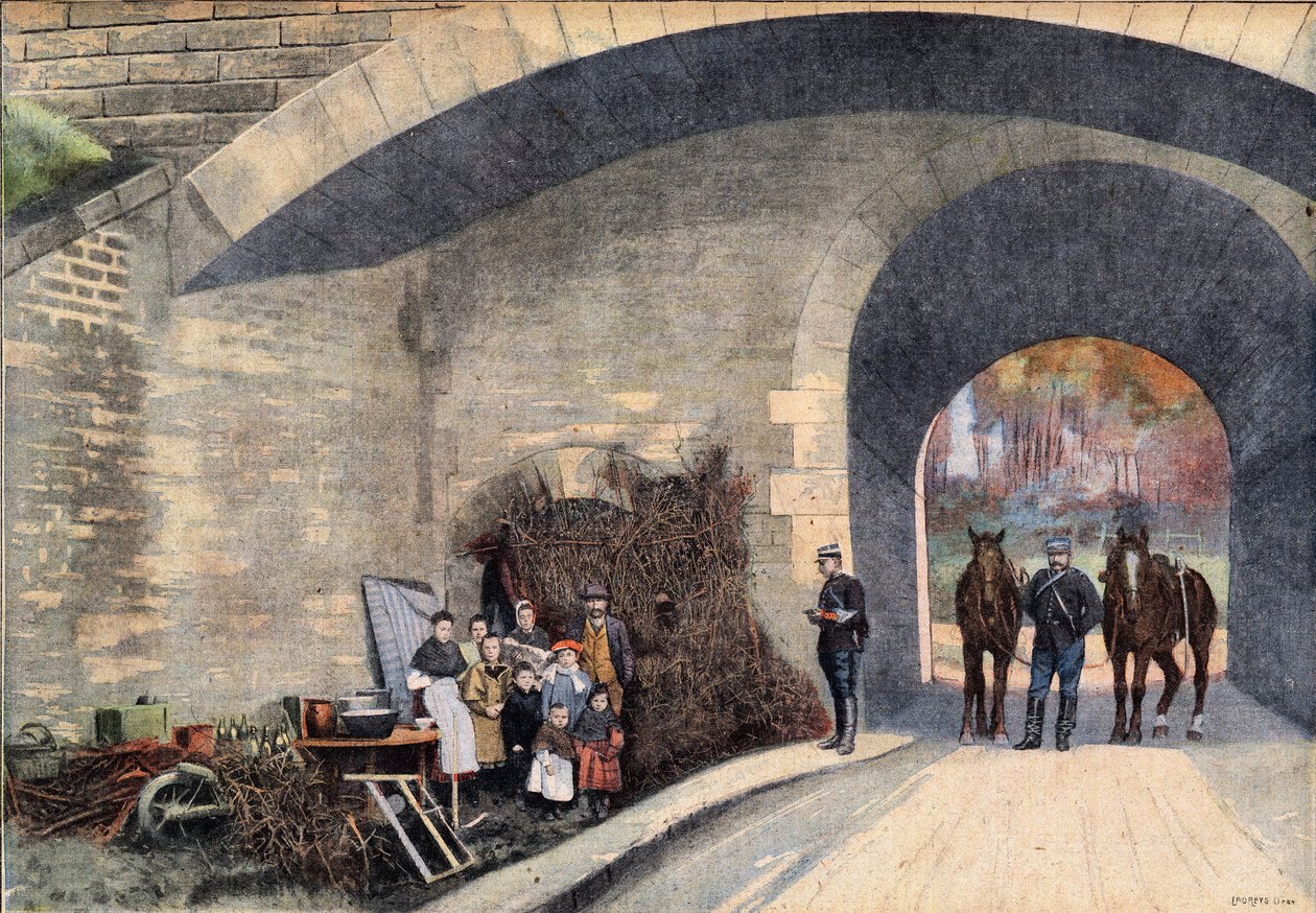 A homeless family camped under a bridge in Paris. Engraving taken from the newspaper Le Petit Parisien by French School
