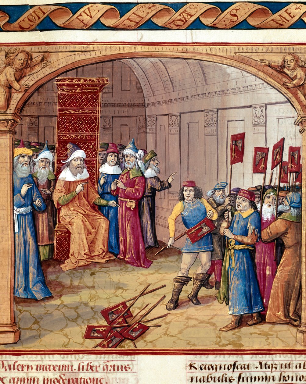 A king receives banners and miniature axes from 