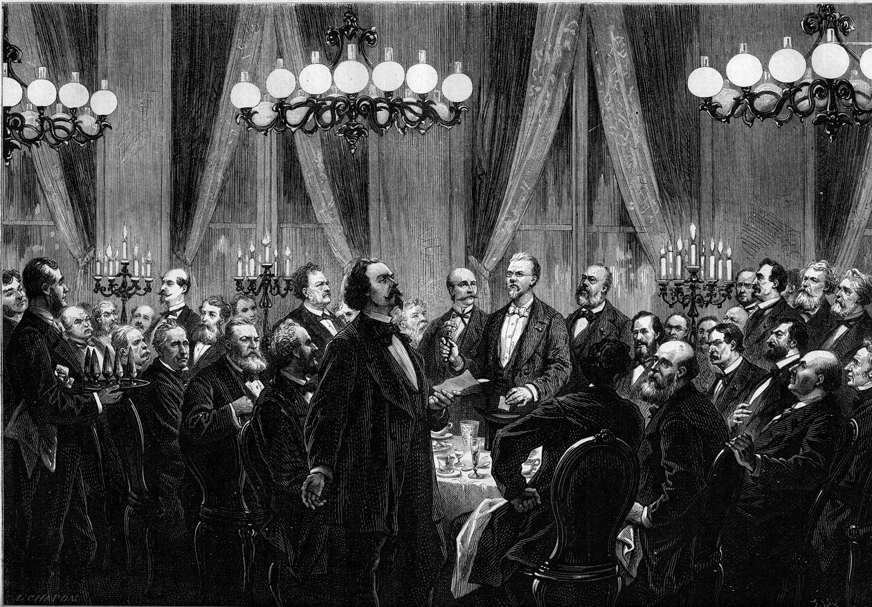 A meeting of the Societe du Caveau in 1879, where personalities from the scene gather for a singing dinner where each one composes songs. by French School