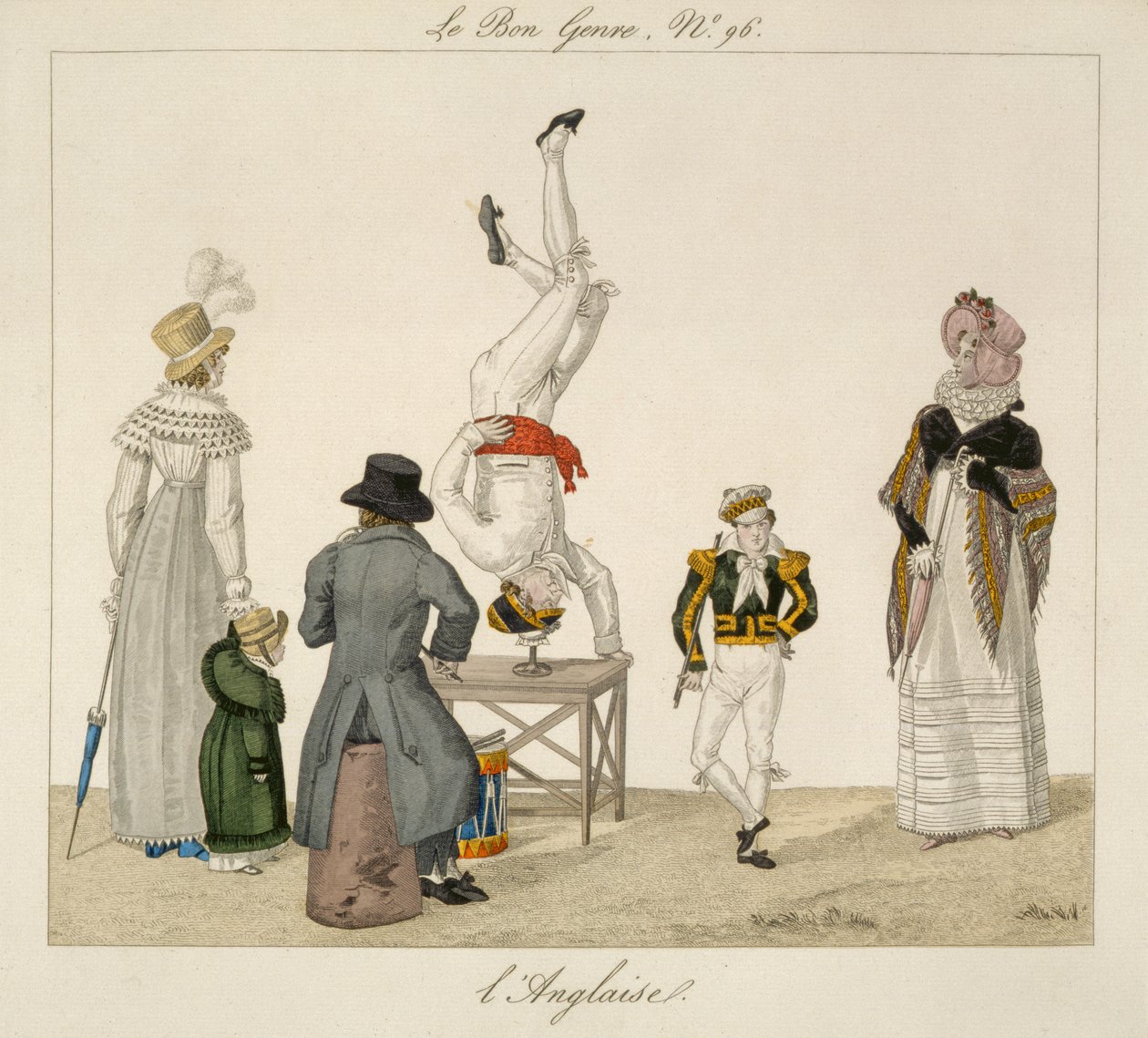 A performer standing on his head balancing on a glass, plate 96 from Le Bon Genre, c.1810 by French School