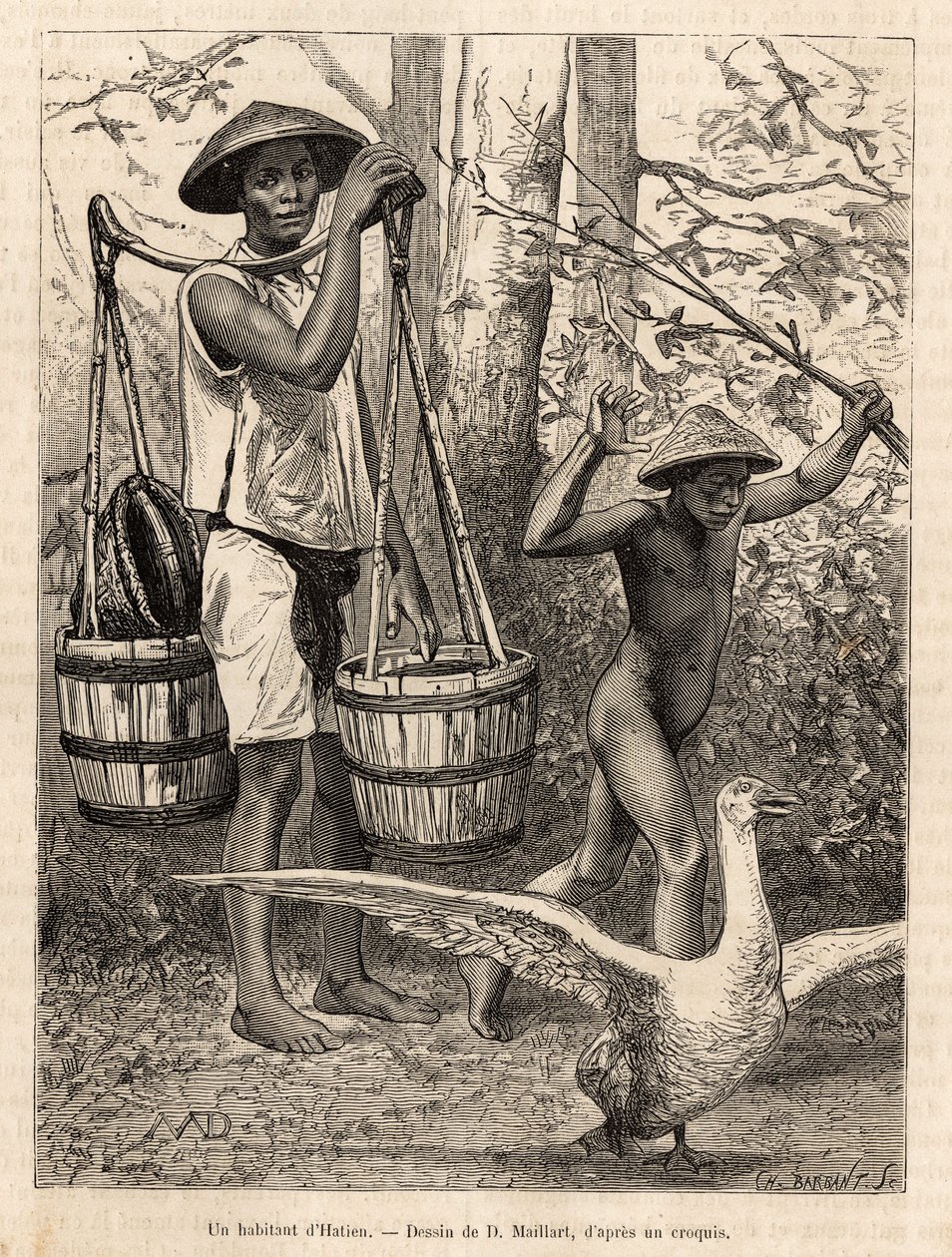A resident of Hatien (Vietnam) carrying buckets and basket and a child hunting a goose with a stick (engraving after a drawing by Robin illustrating the voyage to Cochinchine by Doctor Morice, 1872, published in 