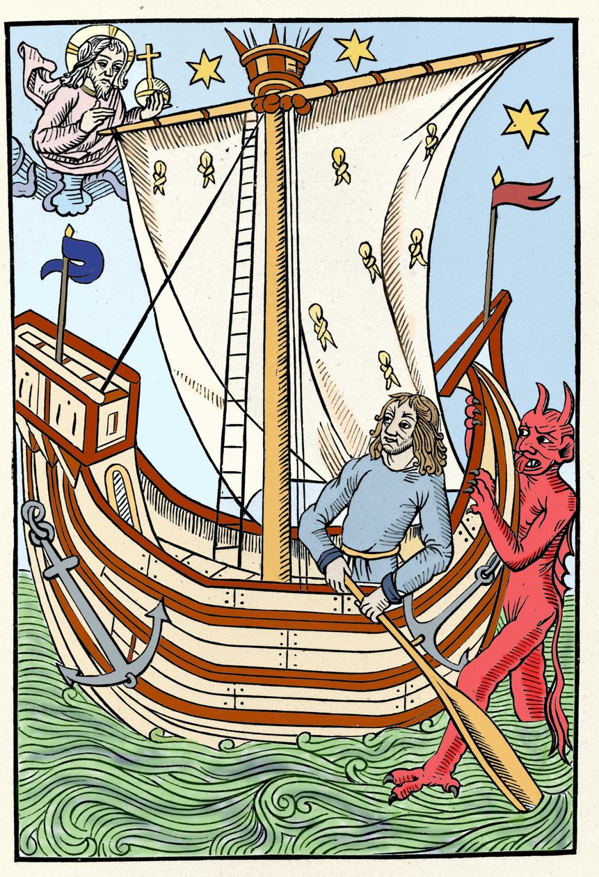 A ship among the dangers of the sea. A demon seized the bow while God manifested himself on the left. Engraving from “The Great Calendar and Compost of the Shepherds”, Troyes 1491 by French School