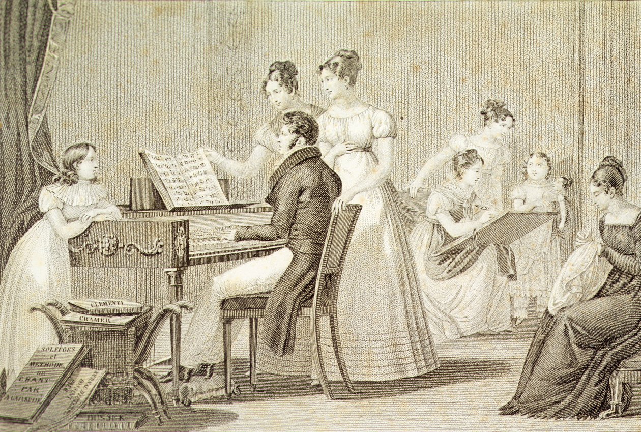 A singing lesson for young ladies (engraving) by French School