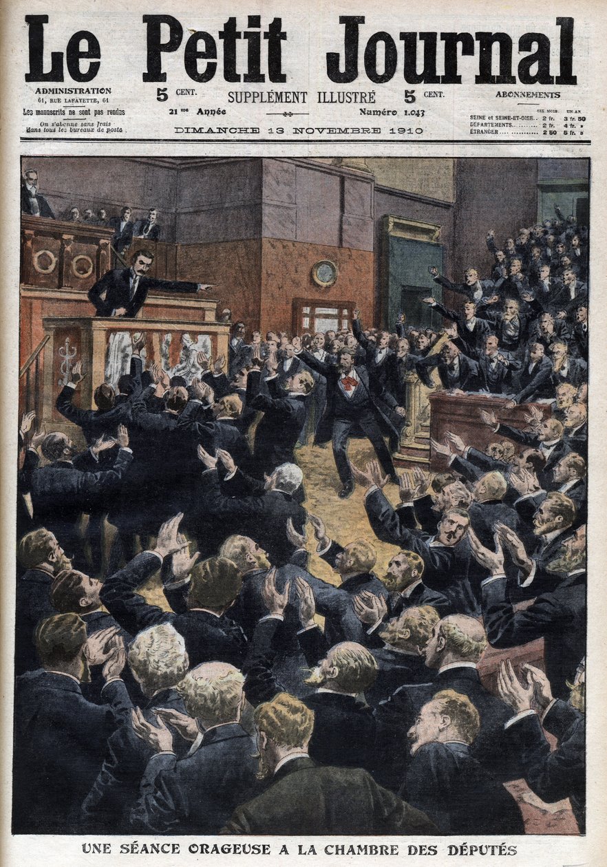 A stormy session at the Chamber of Deputies - Prime Minister Aristide Briand accuses the leader of the Socialists, Jean Jaures, of infringement of the law - illustration from Le Petit Journal, supplement illustrates by French School