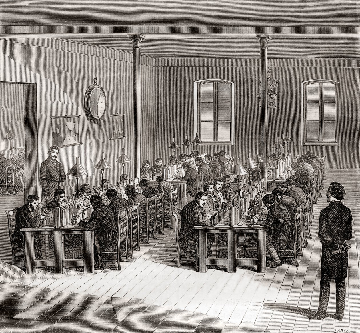 A telegraph station in Paris, France c.1870, from Les Merveilles de la Science, published c.1870 by French School