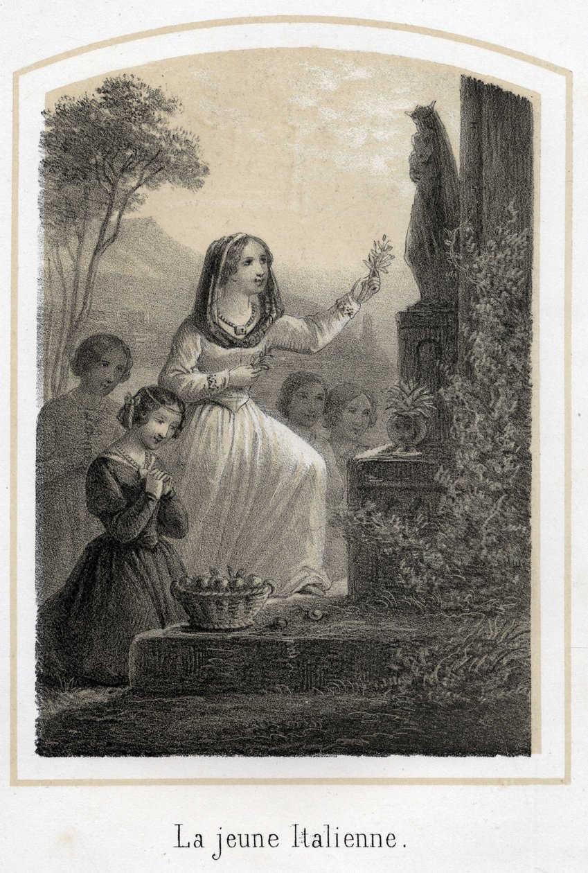 A very pious young Italian woman pays tribute to the Virgin Mary by giving her an olive branch. Anonymous engraving of the 19th century by French School