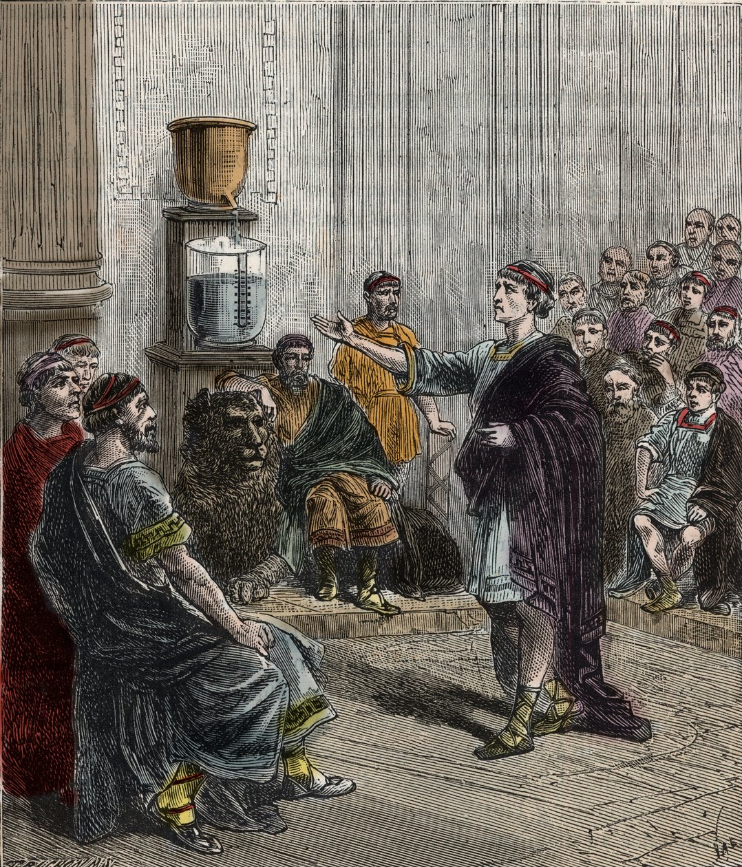 A water clock or clepsydra in Athens - Ancient Greece - Engraving in “Sciences placed at the door of all - physics and chemistry” by Alexis Clerc - End 19th century - Private collection by French School
