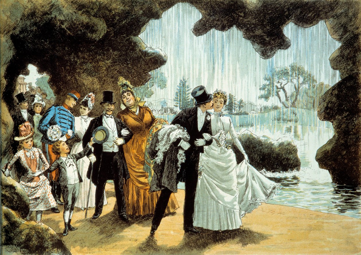 A wedding at a waterfall. Married couple at the Parc des Buttes Chaumont (?). Print from the end of the 19th century Private Collection by French School