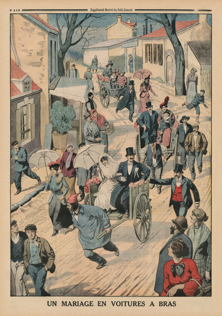 A wedding on handcarts, back cover illustration from Le Petit Journal, supplement illustre, 5th April 1914 by French School