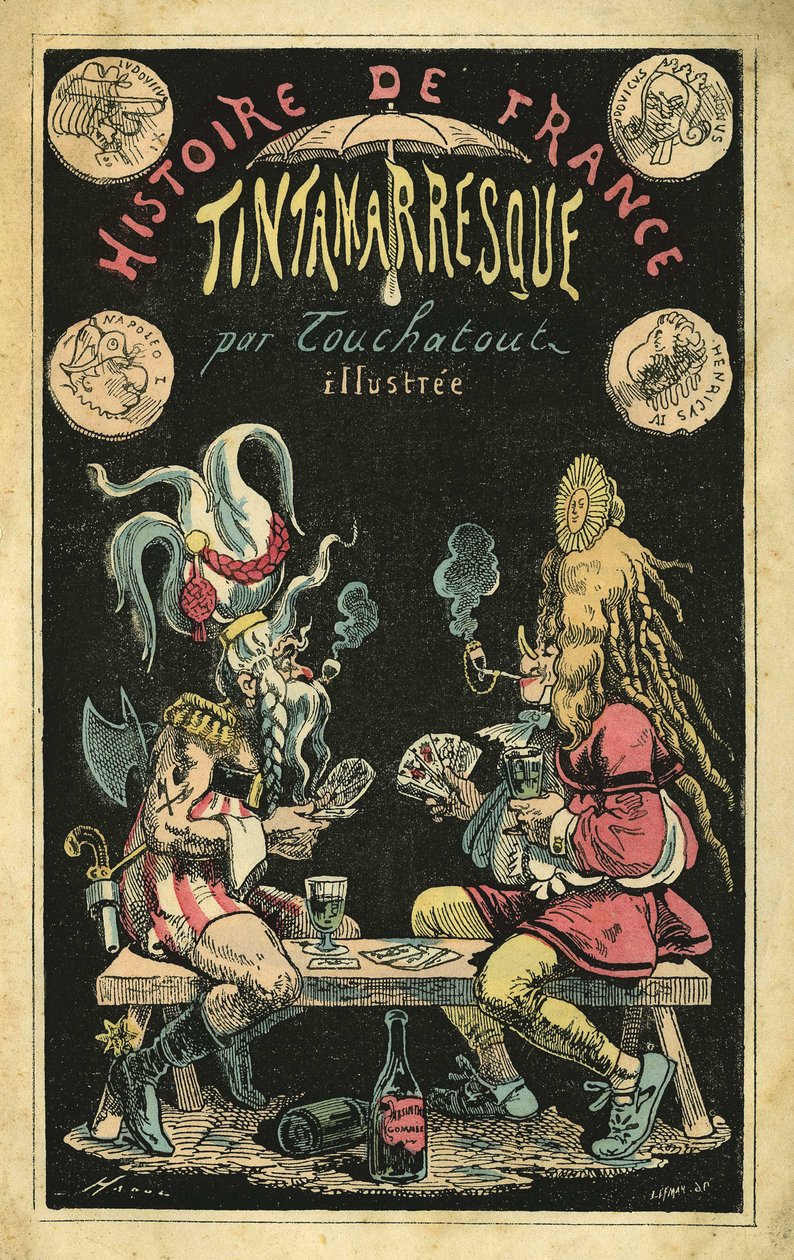 A woman in a feather wig a man cartoon in Gauls during a card game. Cover of Histoire de France Tintamarresque, cartoons by Touchatout, Paris by French School