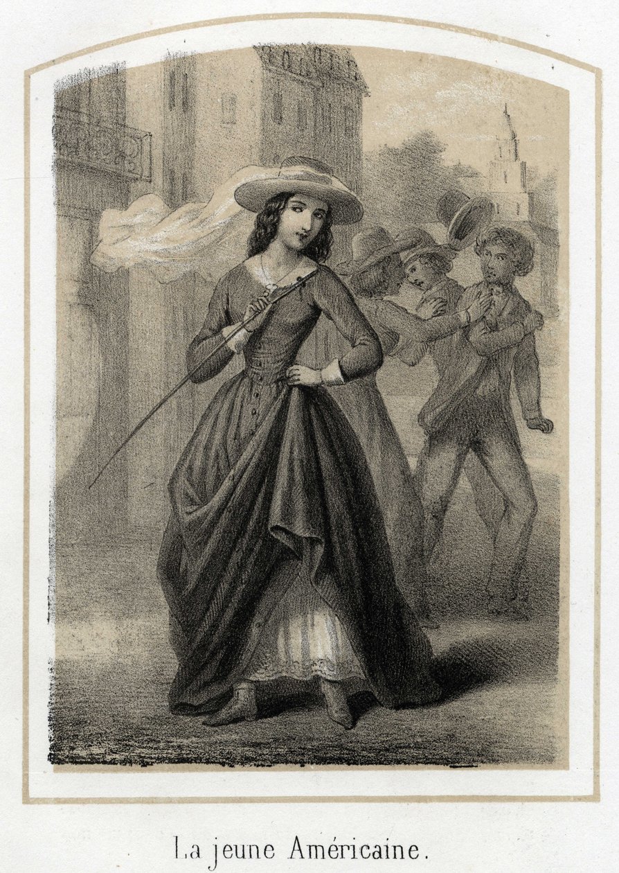 A young American woman causes fights between her suitors. Anonymous engraving of the 19th century by French School