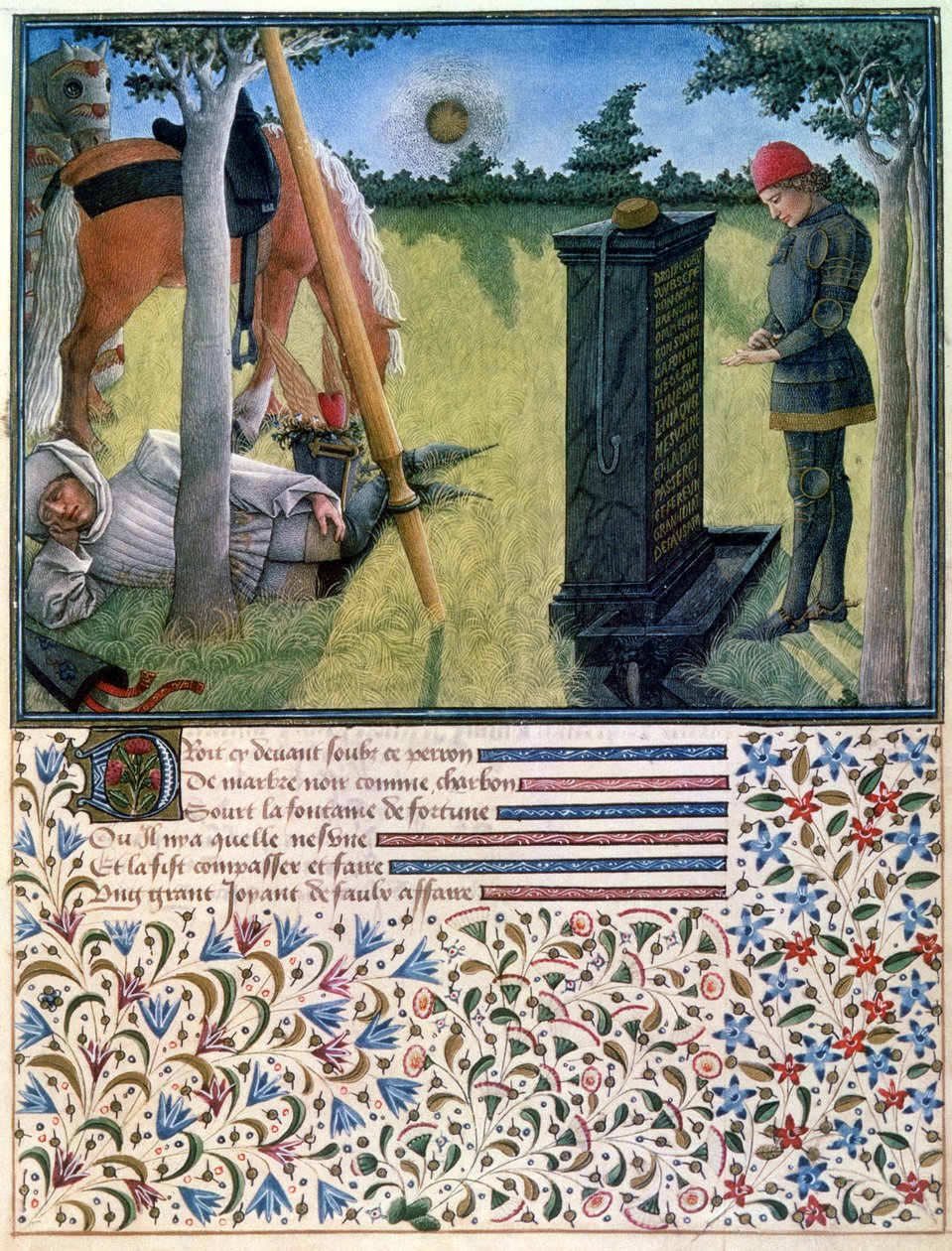 A young knight stands before a gravestone while his servant sleeps near their horses, from Livre du Coeur d
