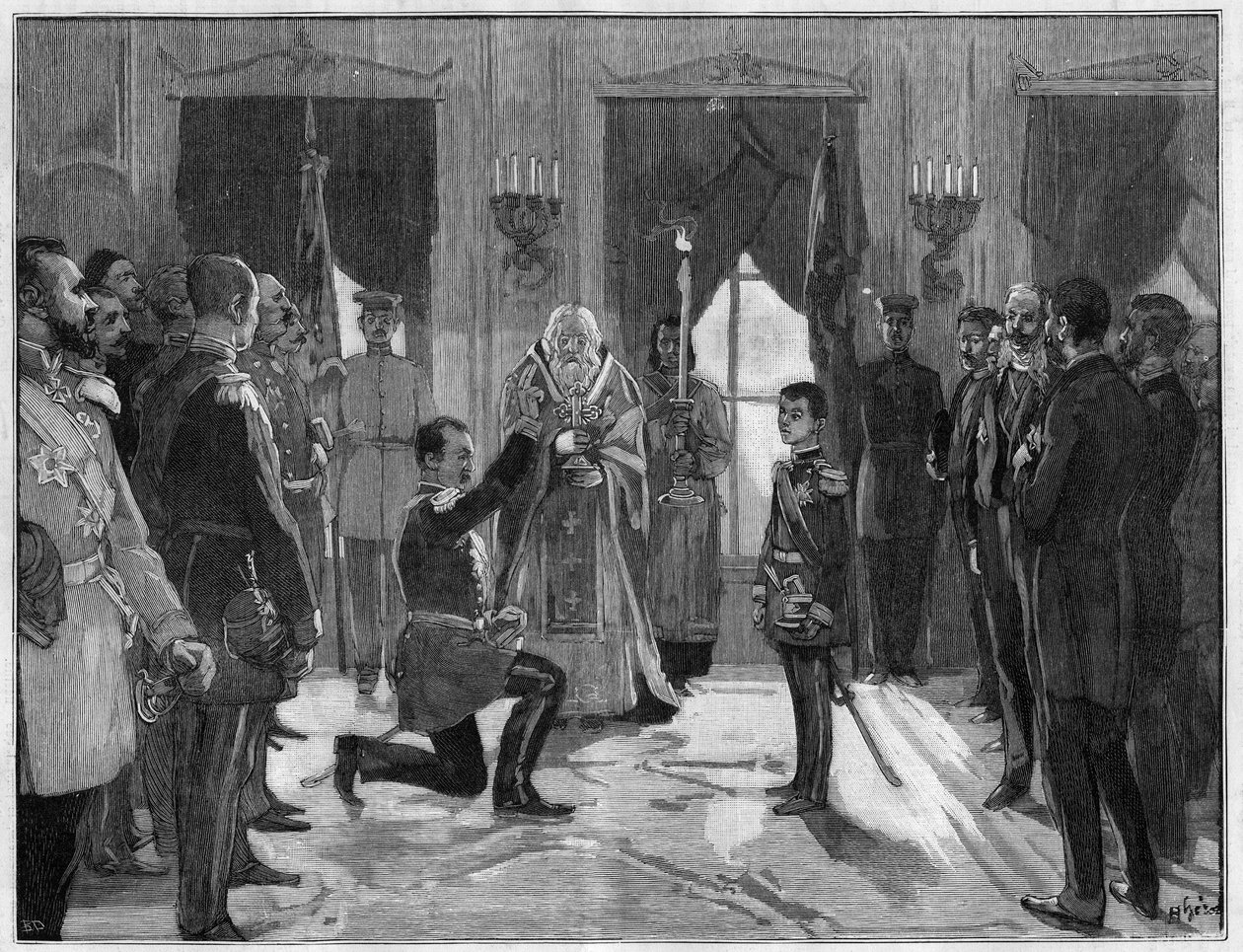 Abdication of King Milan 1st of Serbia (1854-1901), 7 March 1889: the former king takes an oath of obedience and fidelity to his son, Alexander 1st of Serbia (1876-1903), for whom he has just abdicated. Engraving in 