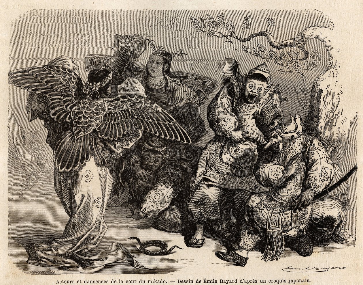 Actors and Dancers of the Mikado Court in Stage Costume. Engraving to Illustrate the Voyage to Japan in 1863-1864, by Aime Humbert, Minister of the Swiss Confederation, in 