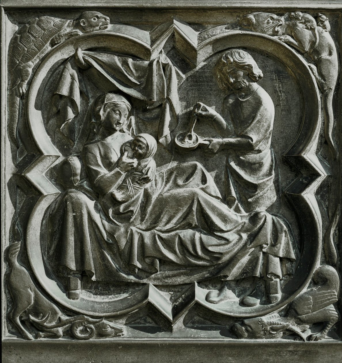 Adam preparing food as Eve, in bed, nurses a child by French School