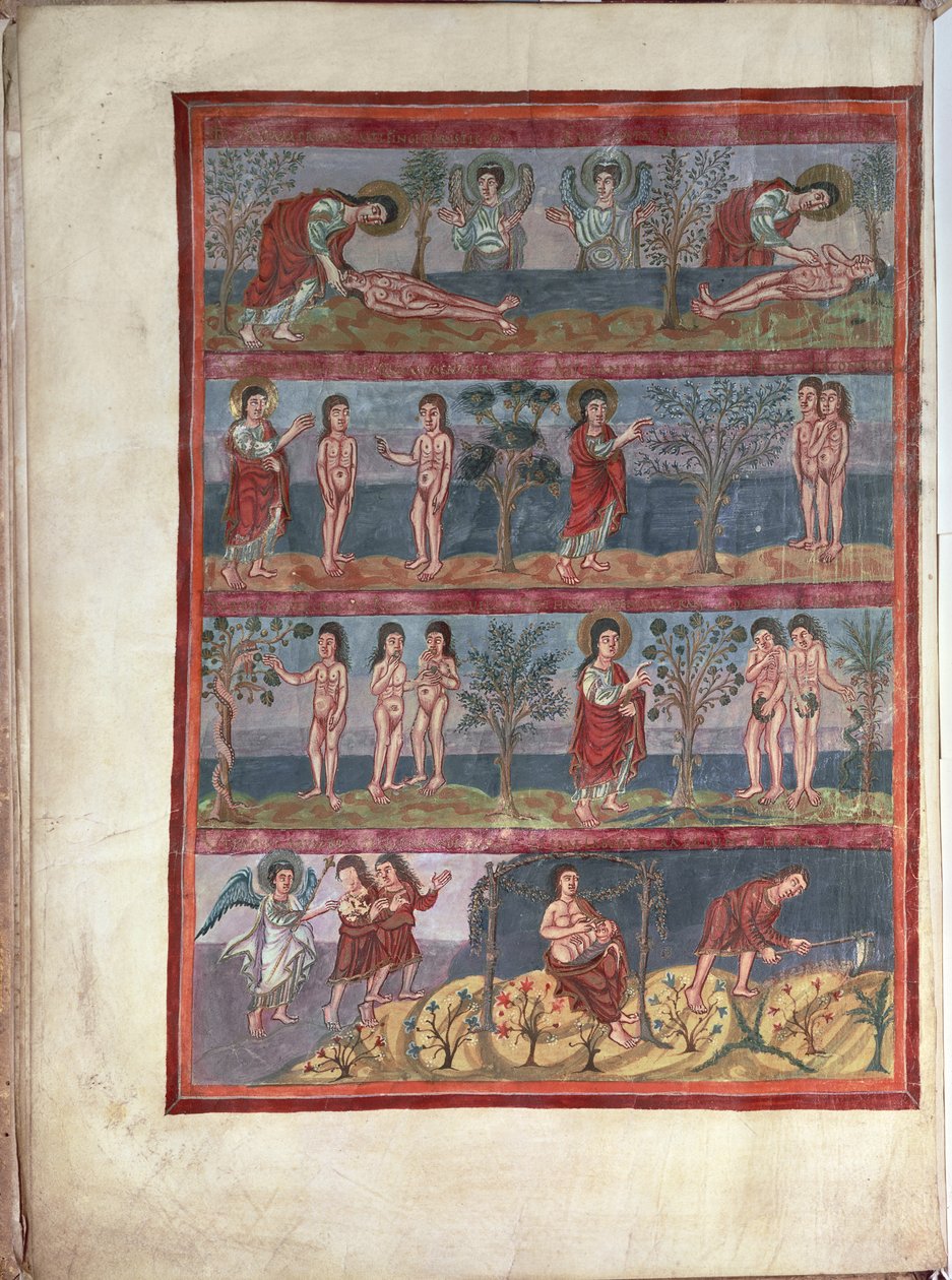 Adam and Eve (from the Moutier-Grandval Bible, illuminated in the Carolingian Abbey of St. Martin, Tours, Latin, c.834-843) by French School