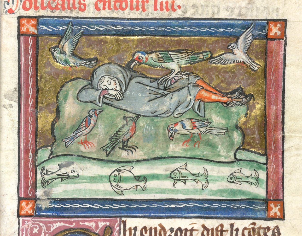 A sleeping man surrounded by birds, illustration from 