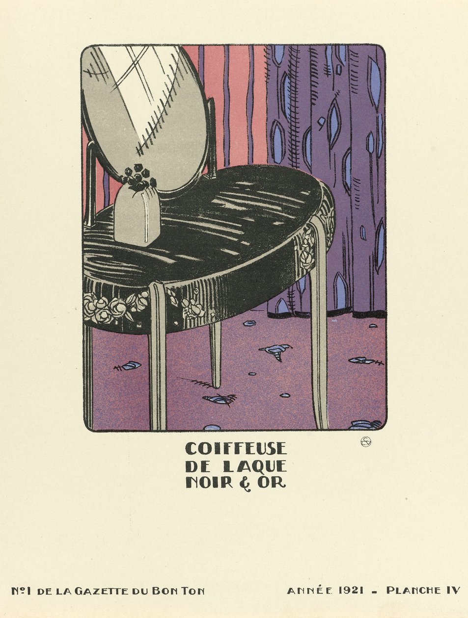 Advertisement for "Black & Gold Lacquer Dressing Table", published 1921 by French School