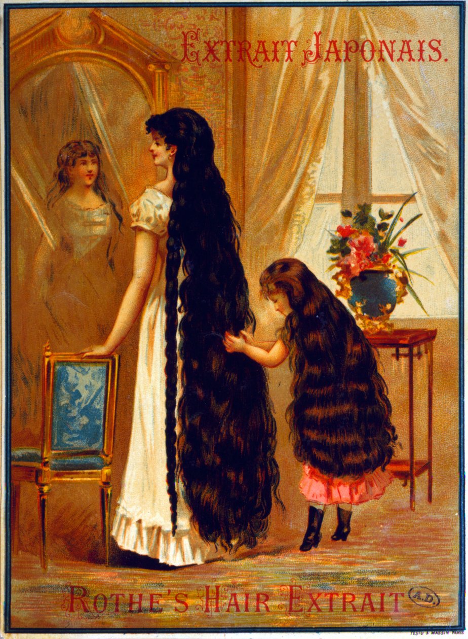 Advertisement for Extrait Japonais, a hairdressing product promoting hair growth by French School