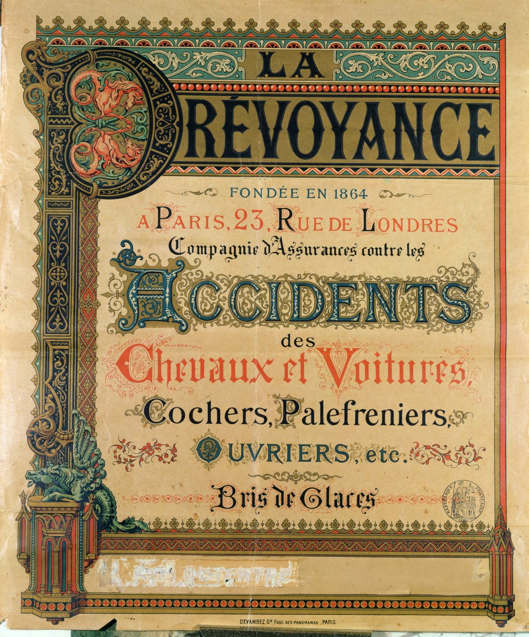 Advertisement for La Prevoyance, insurance company specialising in car and horse accidents by French School