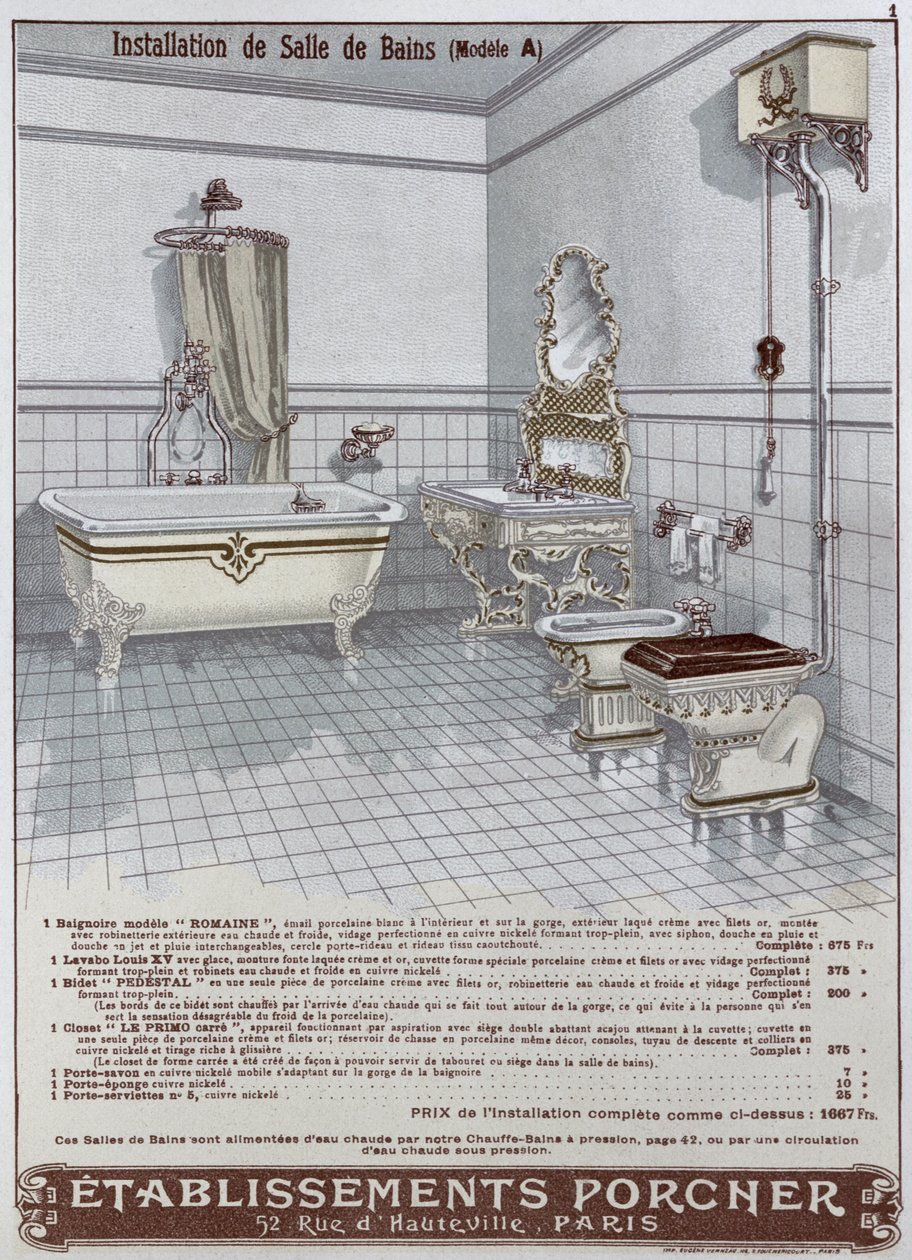 Advertisement for bathrooms manufactured by Etablissements Porcner, 1899 by French School