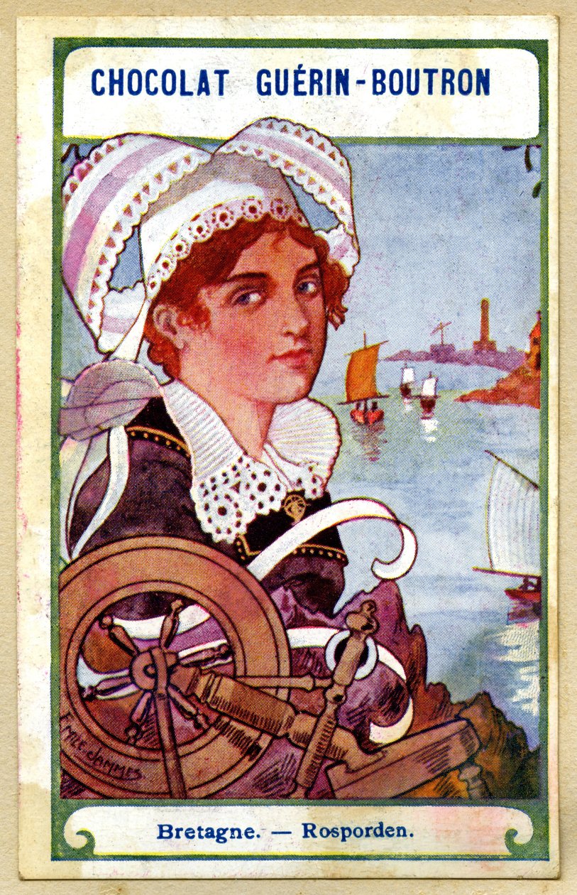 Advertising Chromolithography of Chocolates Guerin Boutron, The Headdresses of the Regions of France, Brittany, Rosporden, Illustration Emile Jammes by French School