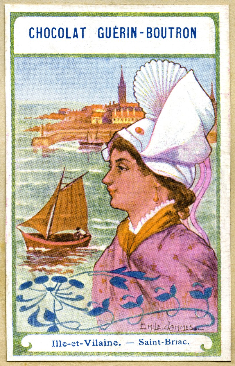 Advertising Chromolithography of Chocolates Guerin Boutron, The Headdresses of the Regions of France, Ille et Vilaine, Saint Briac, Illustration Emile Jammes by French School