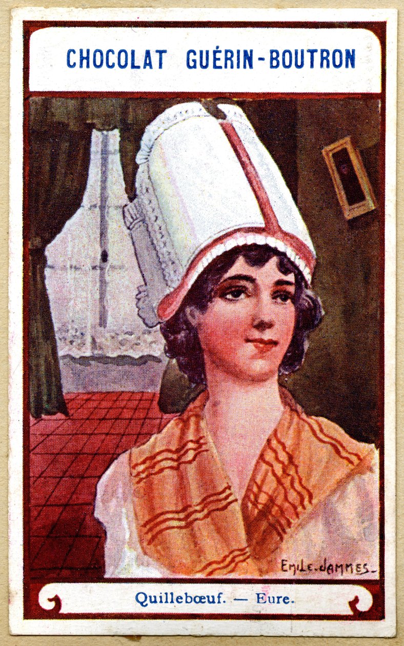 Advertising Chromolithography of Chocolates Guerin Boutron, The Headdresses of the Regions of France, Quilleboeuf, Eure, Illustration Emile Jammes by French School