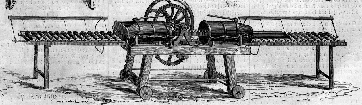 Agricultural machine: a machine for making drainage pipes presented at the 1860 Agricultural Exhibition in Paris. Engraving in 
