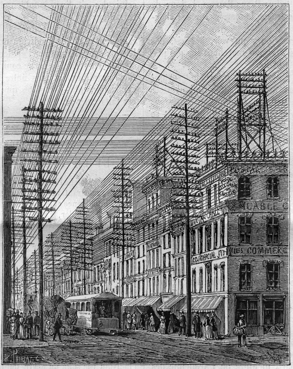 Air electric wires, in Philadelphia (United States), corner of Chesnut street and third street. Engraving in 