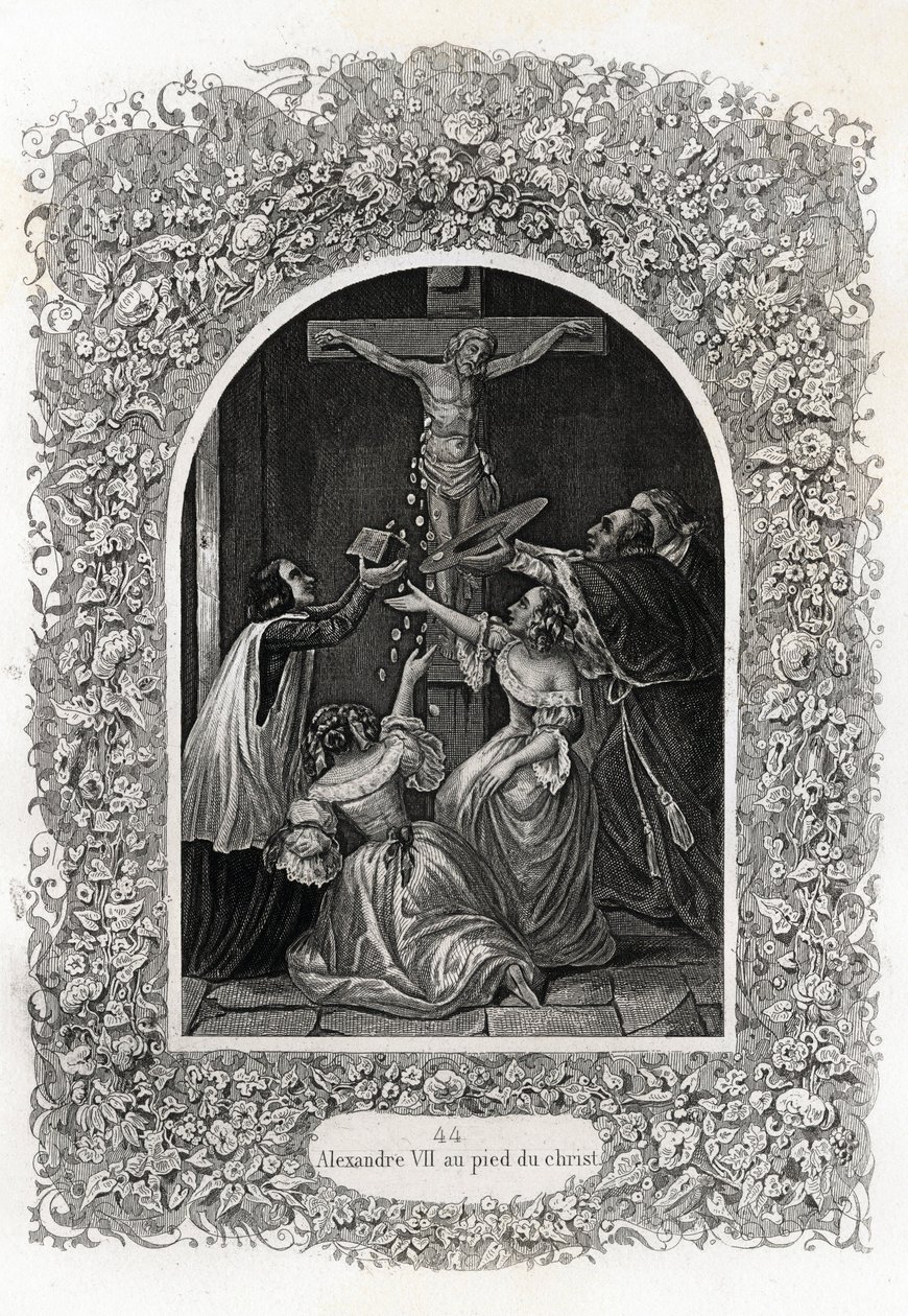 Alexander VII (Alexander or Alessandro) (Pope 1655 to 1667) at the Foot of Christ. Engraving to Illustrate 
