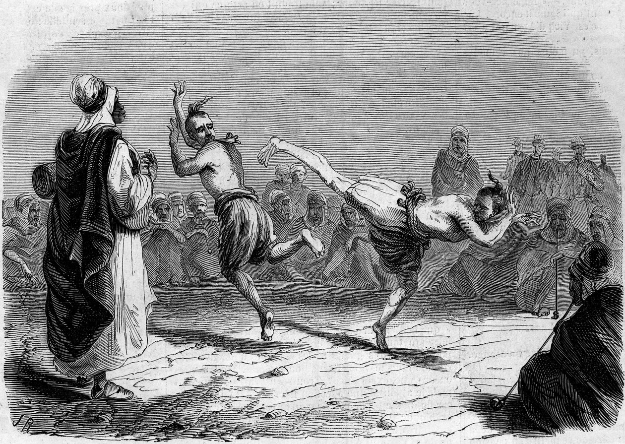 Algerian custom: Arabic dance. Drawing by Mr. Rigo, based on a sketch by Mr. Ameler, battalion leader. Engraving in 