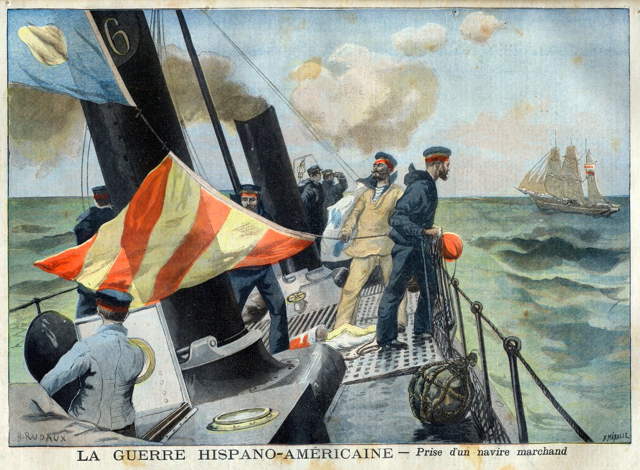 American Hispano War (or Desastre of 98) - The Spanish-American War: capture of a merchant ship. The Hispano-American War - Taking a Merchant Ship. Illustration for Le Petit Journal by French School