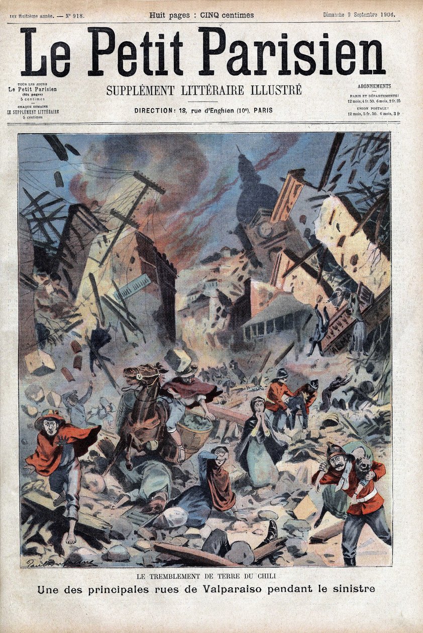 An 8.2 earthquake on the Richter scale killed 3,000 people and injured 20,000 in Valparaiso, Chile, August 16 by French School