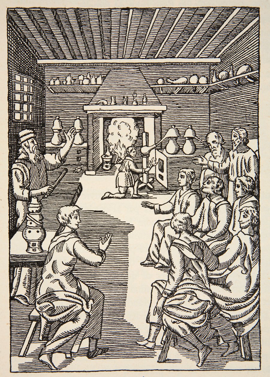 An Alchemy lesson in the 14th century, illustration from Histoire de la Nation Francaise, Sciences, Volumes I & II by French School