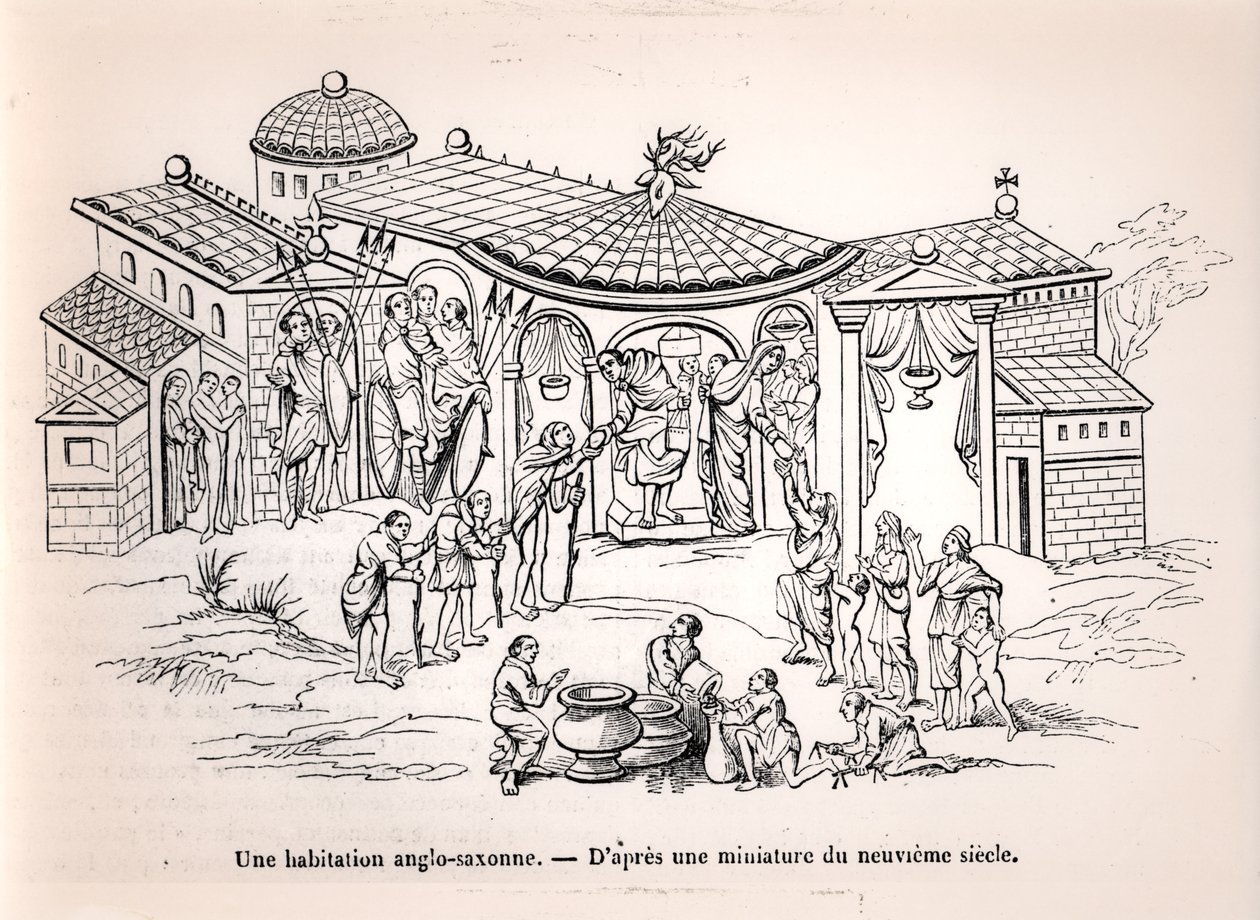 An Anglo-Saxon home in England before the arrival of the Normans, after a 9th century miniature by French School