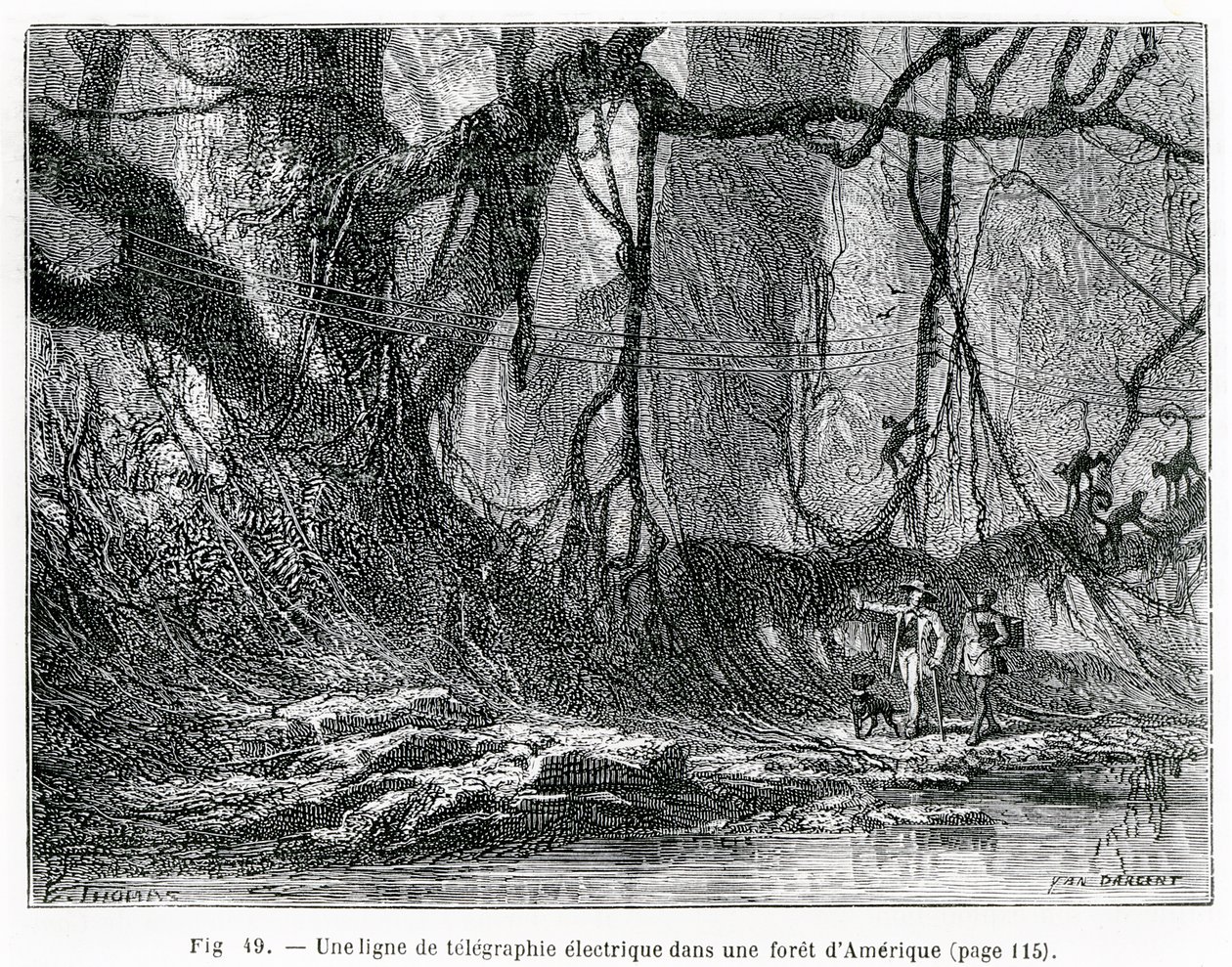 An electric telegraph line in an American forest, c.1870 by French School