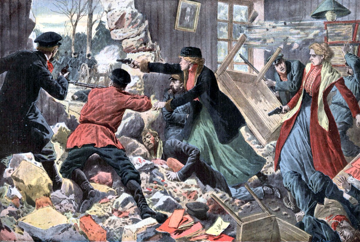 Anarchist revolutionaries fighting against Russian policemen, near Moscow by French School