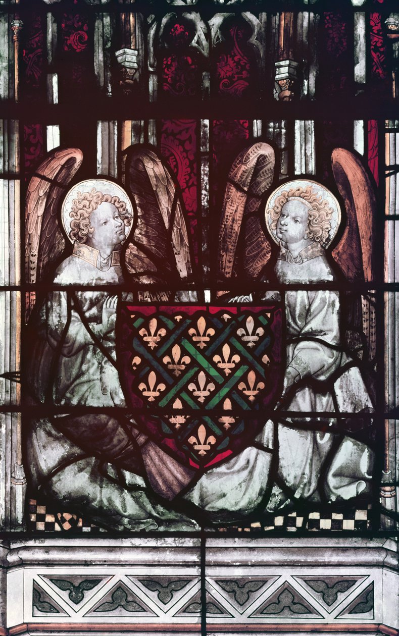 Angels carrying a heraldic shield with the arms of the Duke of Berry