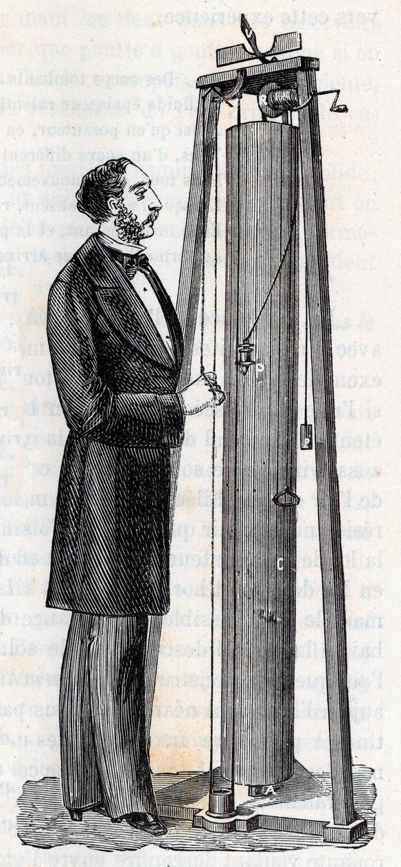 Apparatus by Arthur Jules Morin (1795-1880) apparatus for the study of the fall of bodies - Engraving in “Sciences brought to the graces of all - Popular physics and chemistry” by Alexis Clerc - End 19th century - Private collection by French School