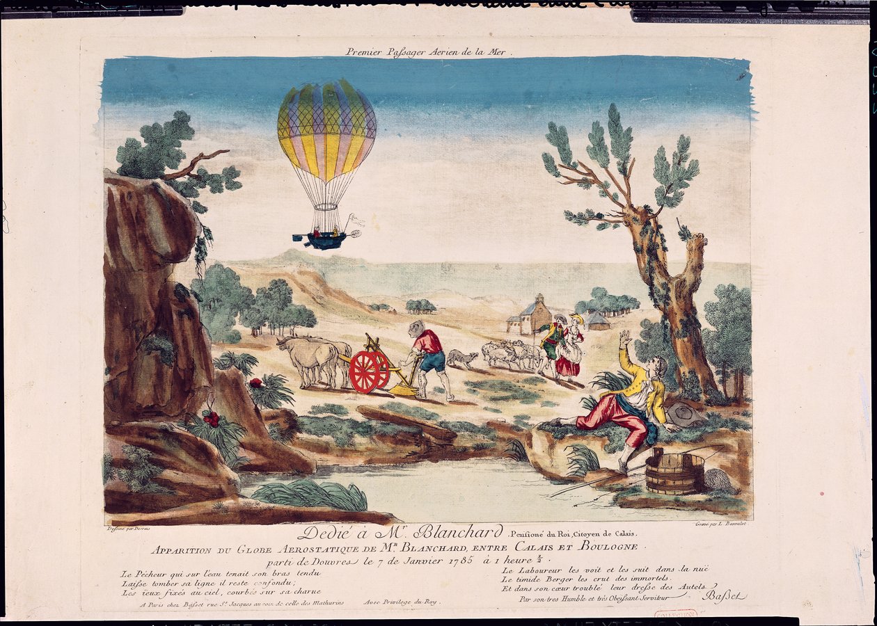 Appearance of the Hot-Air Balloon of Jean Pierre Blanchard (1753-1809) between Calais and Boulogne, 1785 by French School