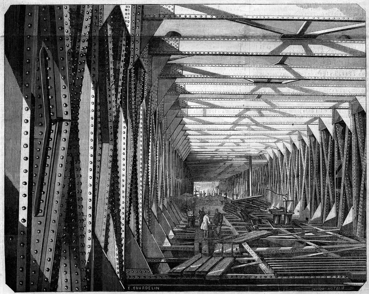 Architecture: interior view of the Metallic Bridge of Bordeaux, Gironde by French School