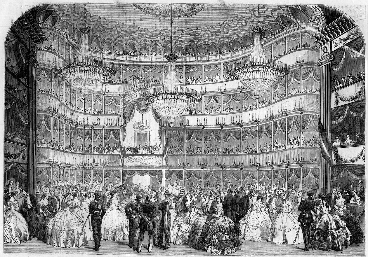 Architecture: interior view of the Royal Theatre (19th century) in Nice (Alpes Maritimes, 06), in 1858, during the charity ball given by the Societe francaise d